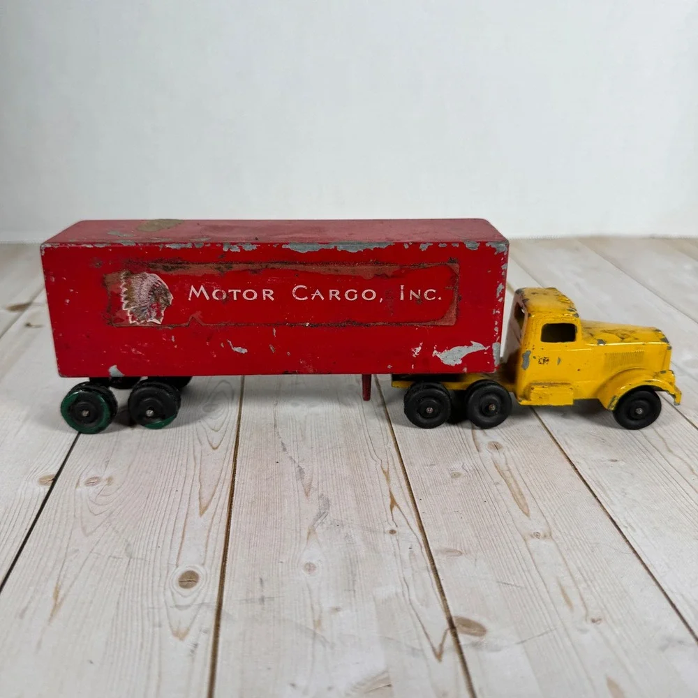Vintage Ralstoy Pressed Steel‎ Semi Truck Yellow Cab Red Trailer 1950s